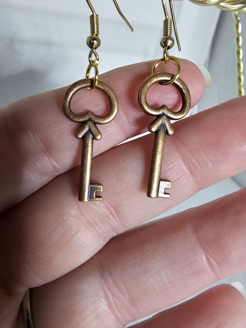 Heart Key Drop Earrings - Antique Gold Tone